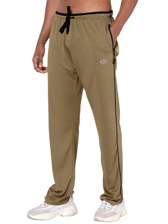 Mens Pants Athletic Open Bottom Running Pants Mesh Mens Sweatpants with Pockets Khaki/Black XL