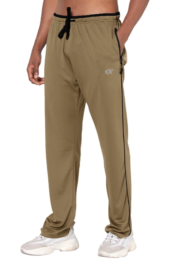 Mens Pants Athletic Open Bottom Running Pants Mesh Mens Sweatpants with Pockets Khaki/Black XL