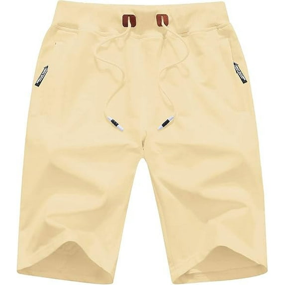 Tyhengta Mens Shorts Casual Comfortable Workout Shorts Drawstring Zipper Pockets Elastic Waist Beige 30
