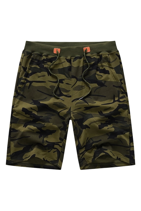Mens Shorts Casual Cotton Workout Shorts Drawstring Zipper Pockets Elastic Waist Camouflage army green 32