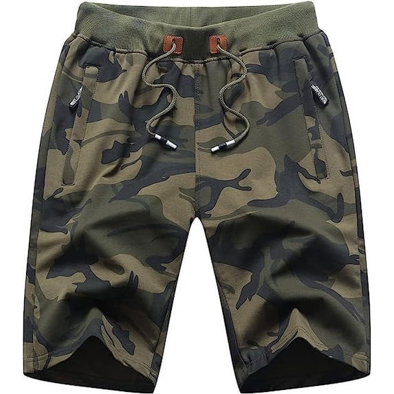 Tyhengta Mens Shorts Casual Drawstring Zipper Pockets Elastic Waist Camo Army 32