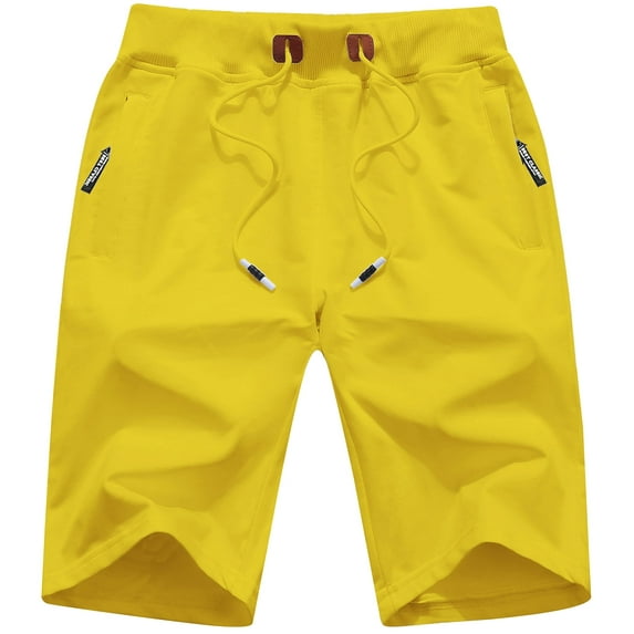 Tyhengta Mens Shorts Casual Drawstring Zipper Pockets Elastic Waist Yellow 34