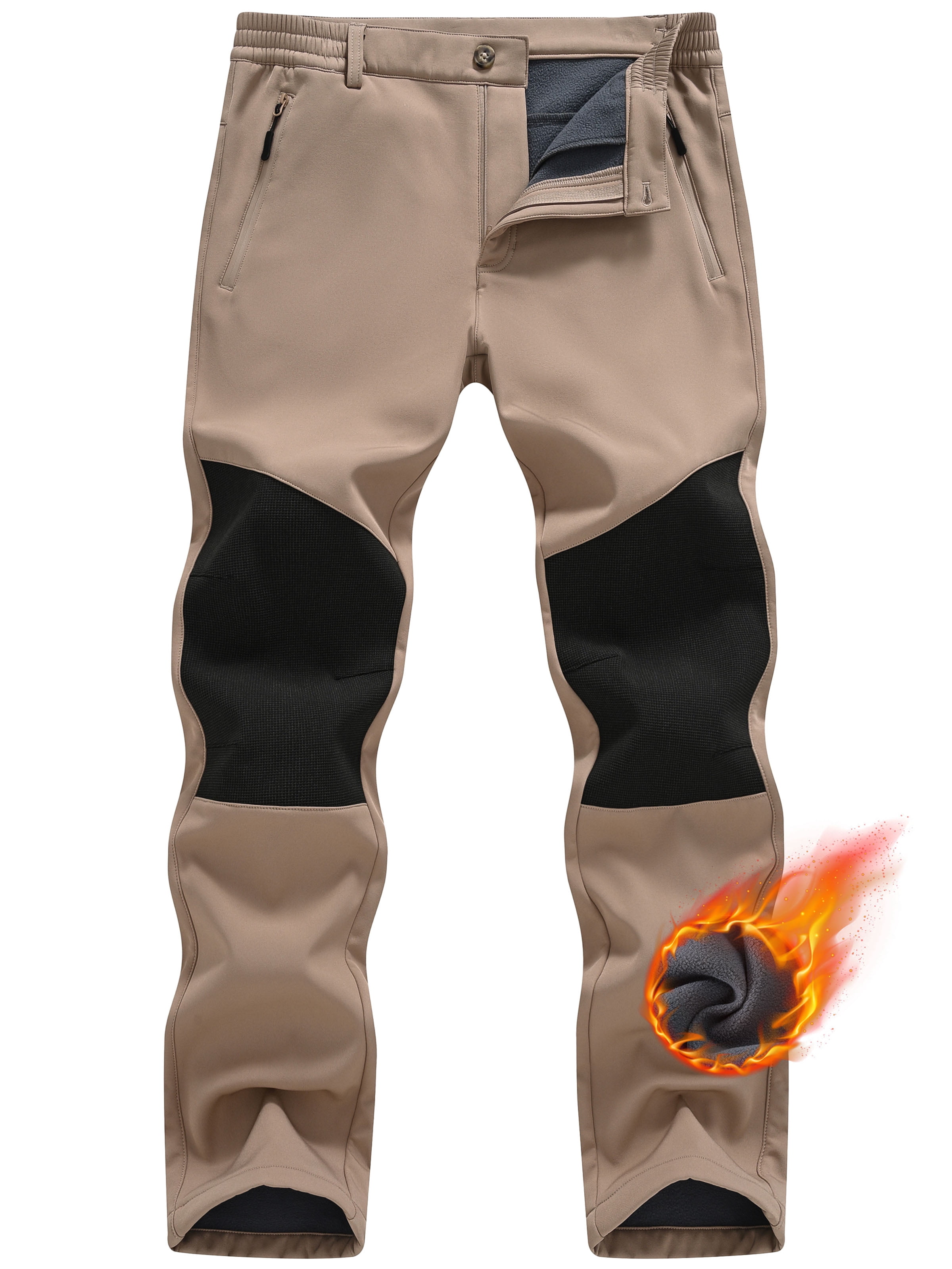 Tyhengta Mens Winter Pants Snow Ski Waterproof Softshell Snowboard Pants Outdoor Hiking Fleece Lined Zipper Pockets Khaki 34