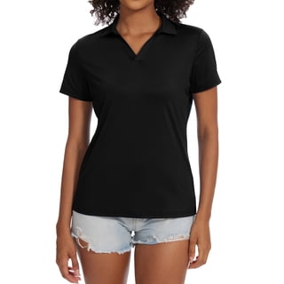 Tyhengta Women's Golf Polo Shirts Collared V Neck Short Sleeve UPF 50+ Quick Dry Tennis Shirt Dry Fit Moisture Wicking Black L
