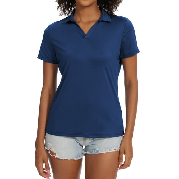 Tyhengta Women's Golf Polo Shirts Collared V Neck Short Sleeve UPF 50  Quick Dry Tennis Shirt Dry Fit Moisture Wicking Dark blue L