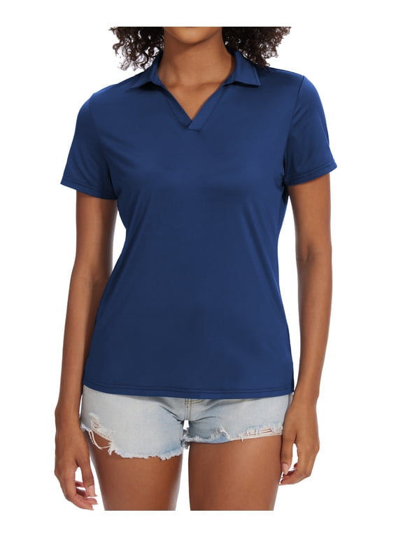 Women's Golf Polo Shirts Collared V Neck Short Sleeve UPF 50+ Quick Dry Tennis Shirt Dry Fit Moisture Wicking Dark blue L