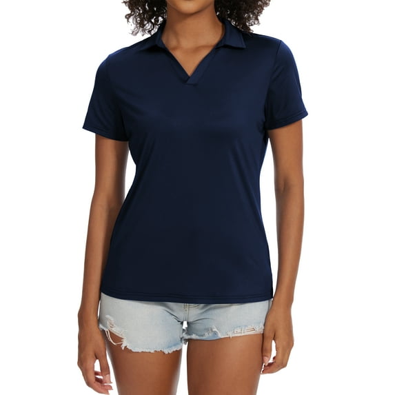 Tyhengta Women's Golf Polo Shirts Collared V Neck Short Sleeve UPF 50+ Quick Dry Tennis Shirt Dry Fit Moisture Wicking Navy blue XL