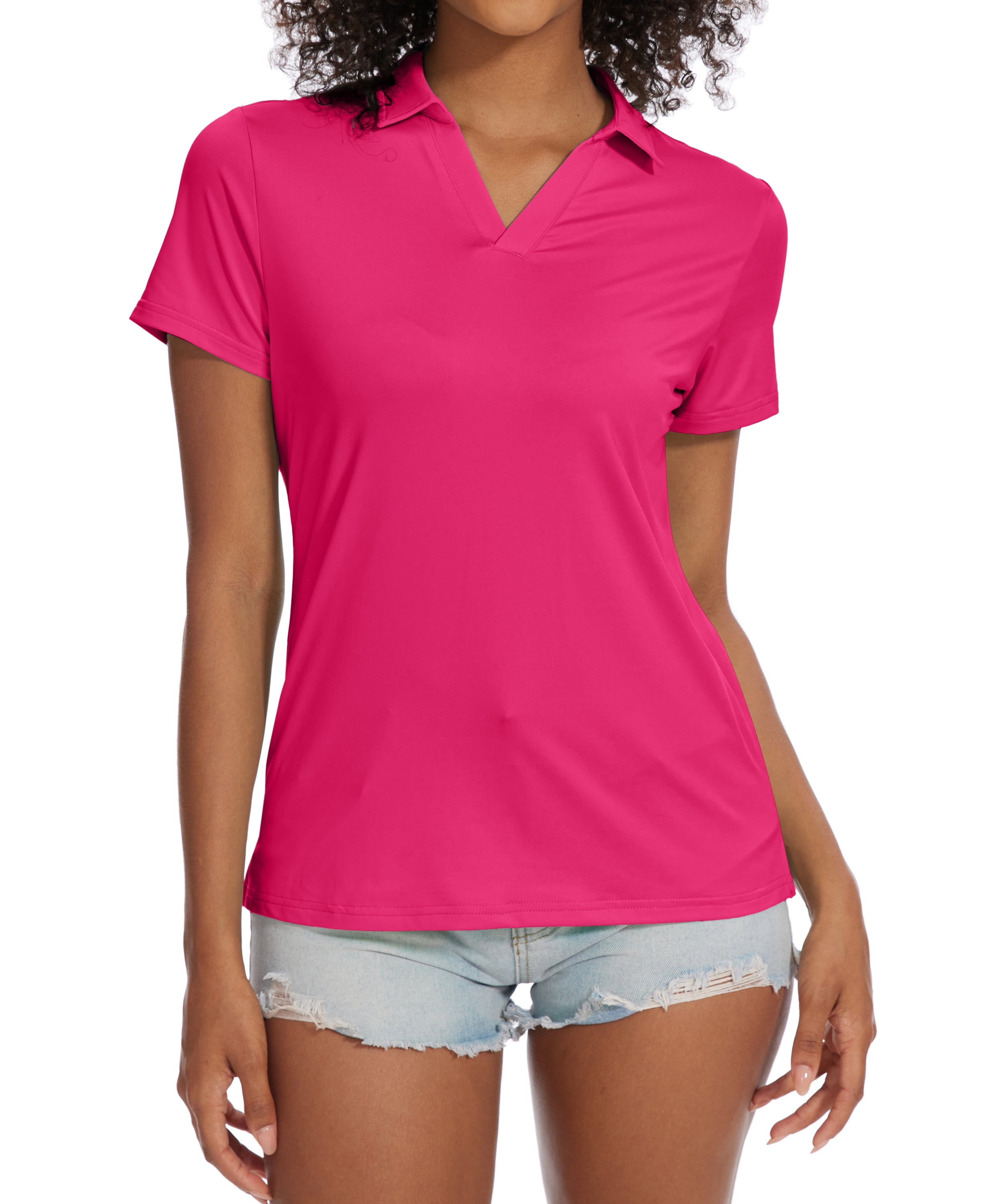 Tyhengta Women's Golf Polo Shirts Collared V Neck Short Sleeve UPF 50+ Quick Dry Tennis Shirt Dry Fit Moisture Wicking Red S