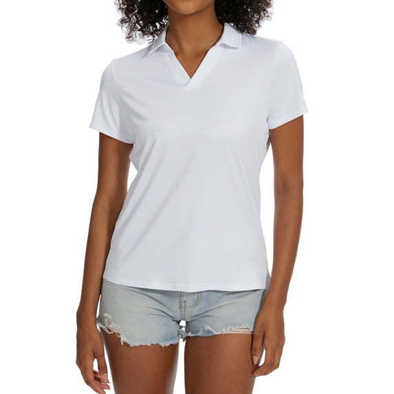 Tyhengta Women's Golf Polo Shirts Collared V Neck Short Sleeve UPF 50+ Quick Dry Tennis Shirt Dry Fit Moisture Wicking White L