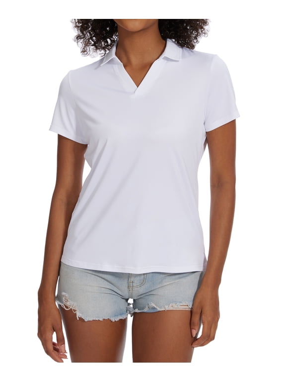 Women's Golf Polo Shirts Collared V Neck Short Sleeve UPF 50+ Quick Dry Tennis Shirt Dry Fit Moisture Wicking White XL