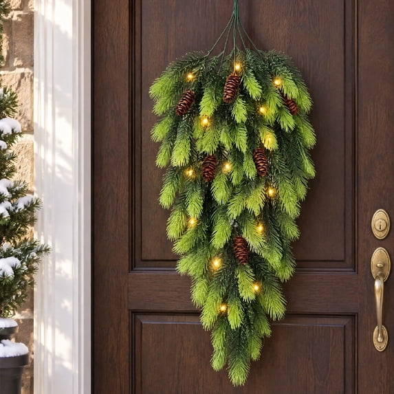 Tyidzon 2Pcs 30.7" Christmas Teardrop Swag with LED Lights, Lighted Artificial Greenery with Pinecones for Front Door Mantel Wall