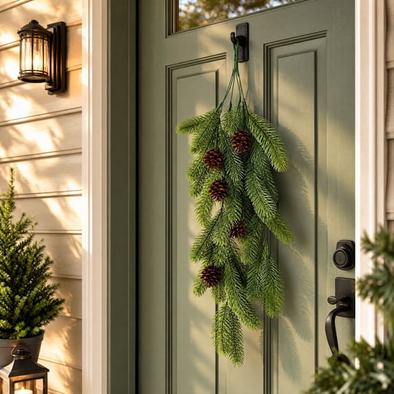 Tyidzon 30.7" Christmas Teardrop Swag, Artificial Pinecones Pine Branches Teardrop Door Swag for Winter Wall Home Decor