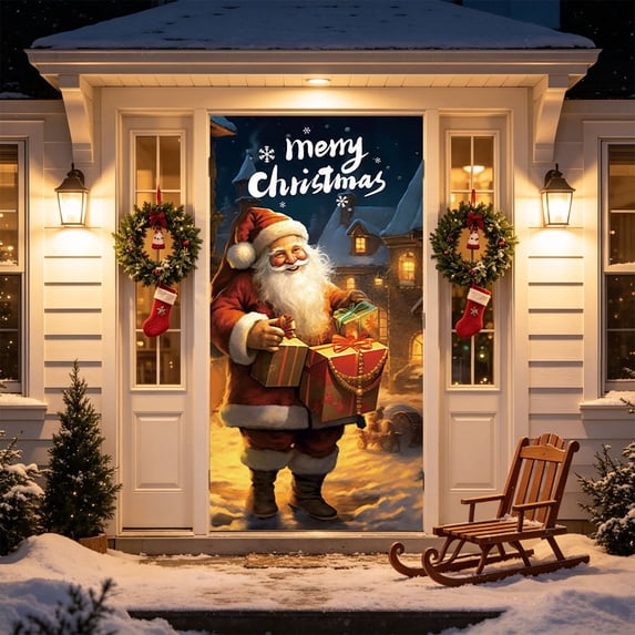 Tyidzon 35 x 70 in Christmas Door Cover Santa Pattern for Outside Front Door Holiday Party Door Hanging Decor