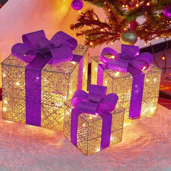 Tyidzon 3Pcs Christmas Lighted Gift Boxes, Christmas Decorations Presents Boxes with Ribbon Bows Christmas Decorations for Xmas Tree, Yard, Home, Indoor Outdoor Holiday Decor