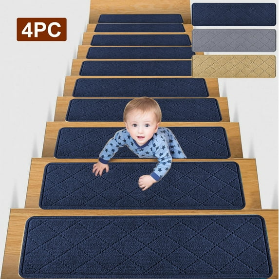 Tyidzon 4Pc Stair Treads for Wooden Steps, 8x30 Inch Carpet Stair Treads Non Slip, Edging Stair Runner for Kid, Elders, Dog, Beige