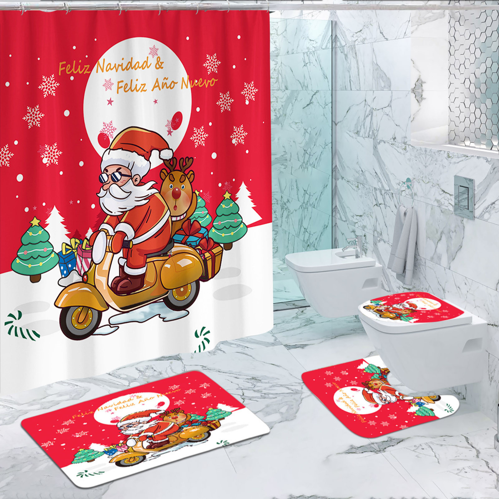 Tyidzon 4Pcs Christmas Shower Curtain Set with Non-Slip Bathroom Rugs Toilet Lid Cover U-Shaped Mats for Home Bathroom Xmas Decor, Waterproof Shower Liner 71x71"