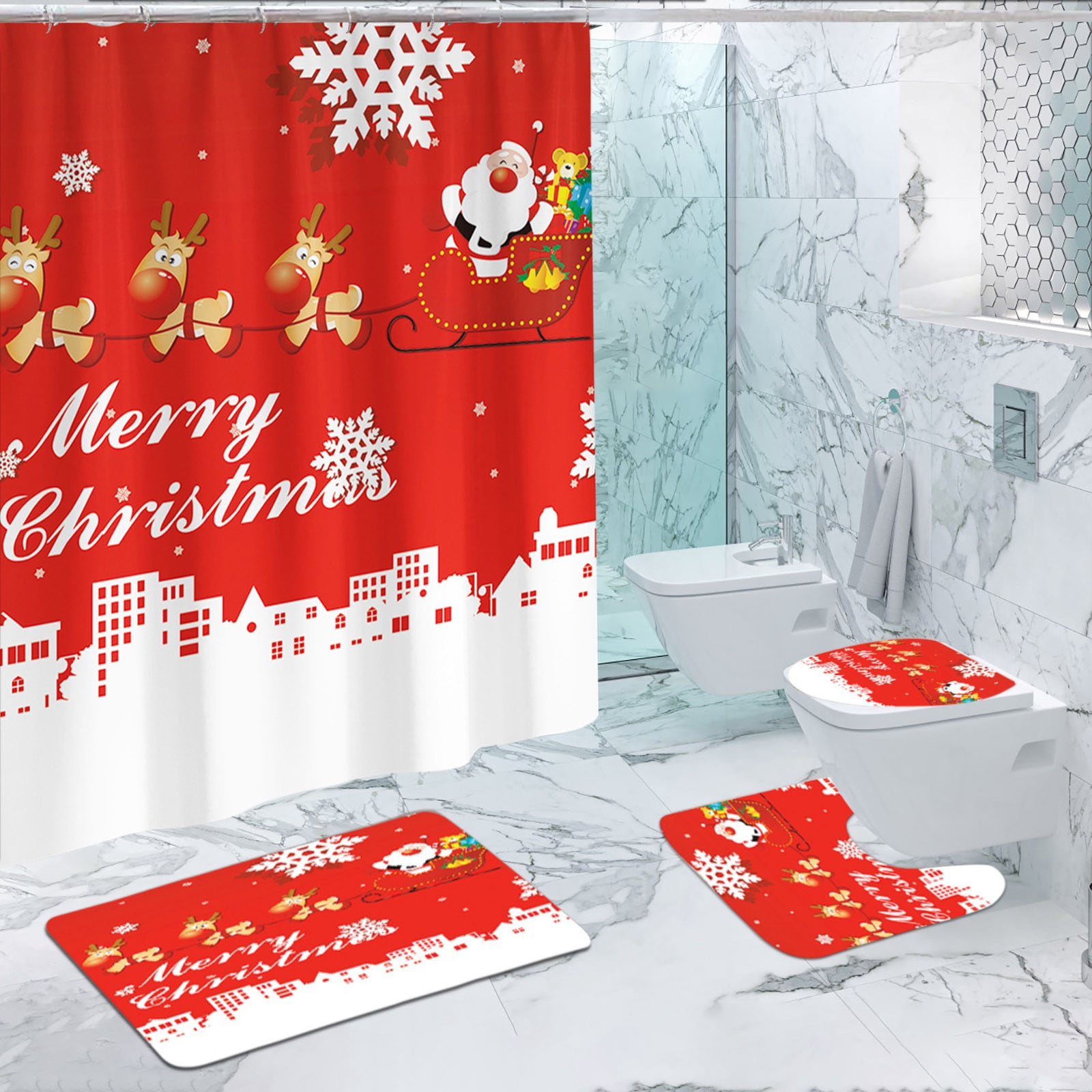 Tyidzon 4Pcs Christmas Shower Curtain Set with Non-Slip Bathroom Rugs Toilet Lid Cover U-Shaped Mats for Home Bathroom Xmas Decor, Waterproof Shower Liner 71x71"