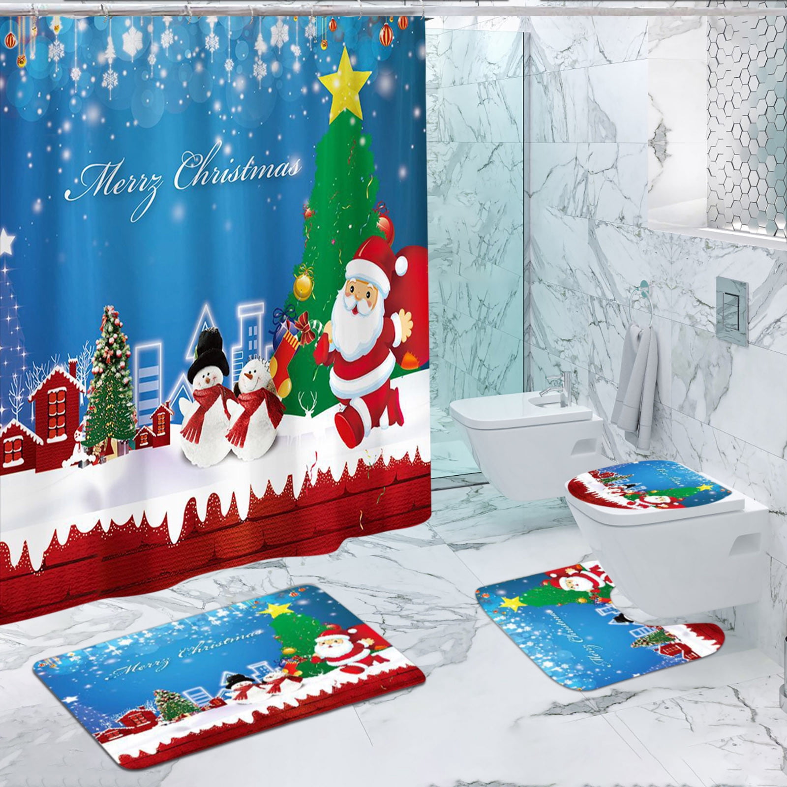 Tyidzon 4Pcs Christmas Shower Curtain Set with Non-Slip Bathroom Rugs Toilet Lid Cover U-Shaped Mats for Home Bathroom Xmas Decor, Waterproof Shower Liner 71x71"