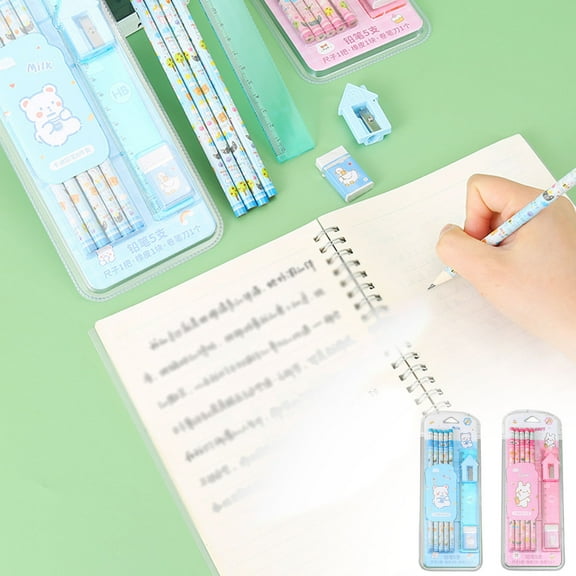 Tyidzon 8Pc Stationery Supplies Set, 5 Pencil, 1 Ruler, 1 Eraser, 1 Pencil Sharpener, Office Drawing and Sketching Supplies - Blue