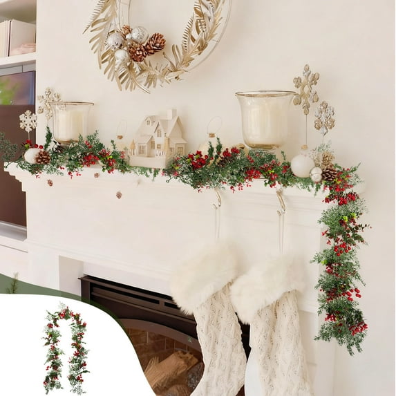 Tyidzon Artificial Christmas Garlands 5.9Ft Faux Hanging Winter Vines Red Berries Holly Leaves with Pine Cones Pine Needle Cedar Greenery Ivy Christmas Holiday Party Home Indoor Outdoor Decor