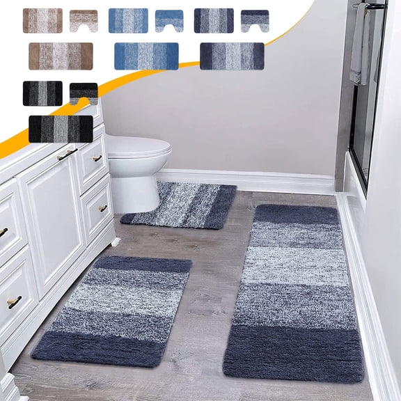 Tyidzon Bathroom Rugs Sets 3 Piece Non Slip Bath Mat with U-Shaped Contour Toilet Mat, Plush Absorbent Machine Washable Bath Mats for Bathroom, Blue