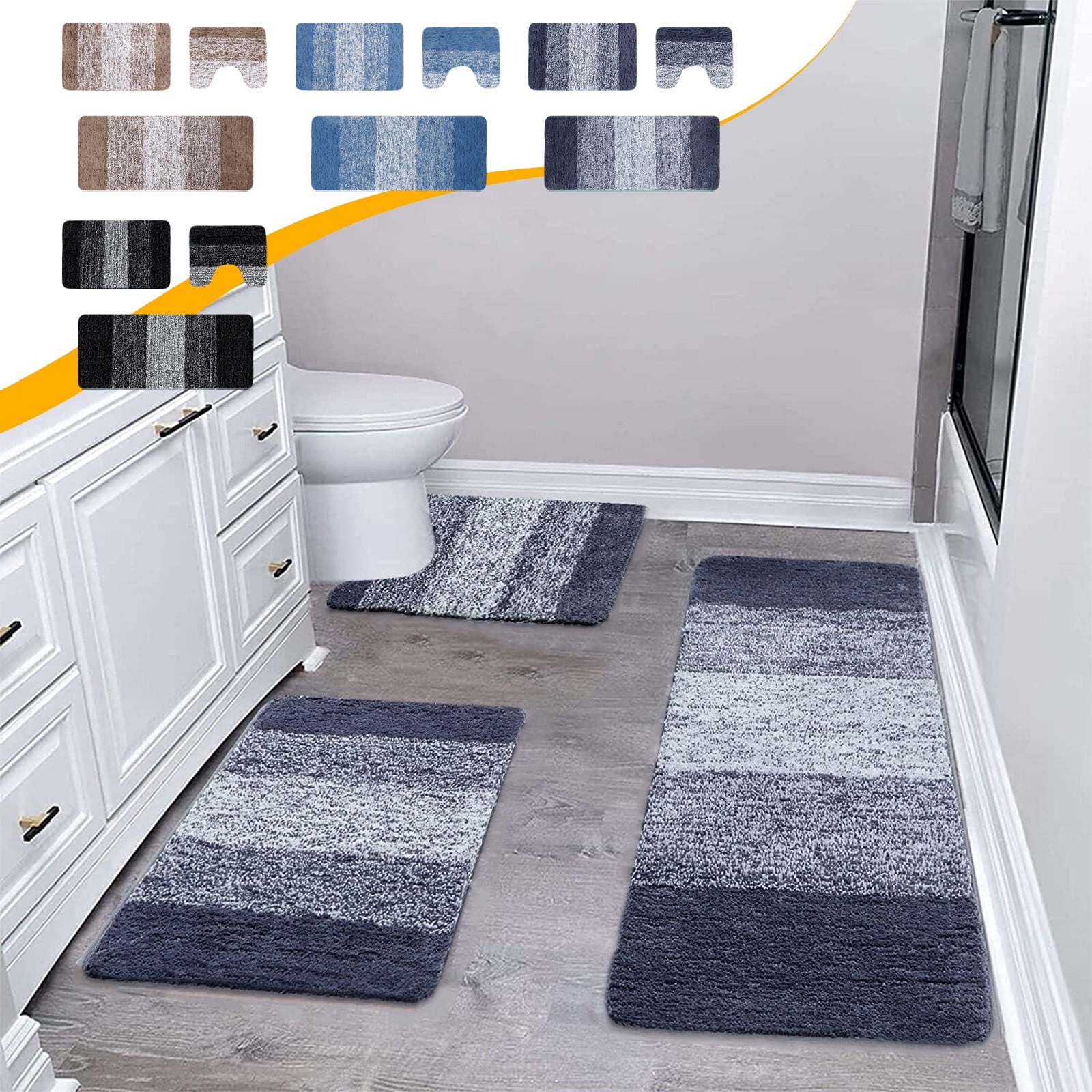Tyidzon Bathroom Rugs Sets 3 Piece Non Slip Bath Mat with U-Shaped Contour Toilet Mat, Plush Absorbent Machine Washable Bath Mats for Bathroom, Brown