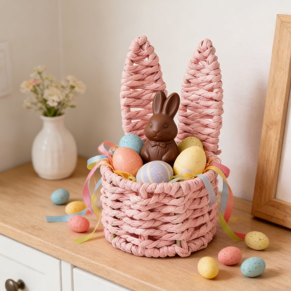 Tyidzon Bunny Ear Easter Basket, Mini Handwoven Rattan Storage Basket, 5.3" Small Woven Eggs Basket for Desktop Spring Home Decor, Pink