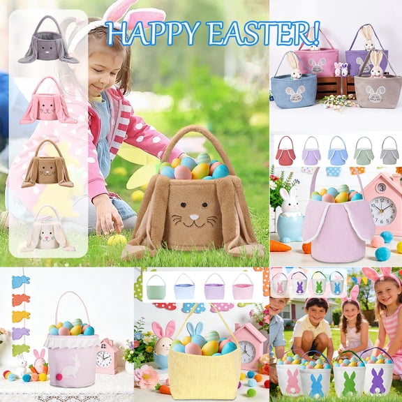 Tyidzon Bunny Easter Basket, Cute Rabbit Easter Buckets with Long Plush Ear for Easter Decorations Kids Boys Girls Egg Hunts Candy Storage(9", Brown)