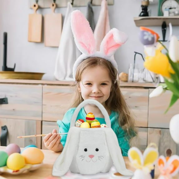 Tyidzon Candy Bag Easter Basket, Plush Easter Bunny Baskets Organizers and Storage, Rabbits Ears Easter Basket for Egg Hunting, Easter Decorations, White Candy Gifts Storage