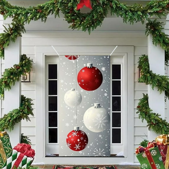 Tyidzon Christmas Door Cover - 35x71" Christmas Decorations Backdrop with Balls Xmas Door Banner Hanging Ornaments for Home Wall Party Holiday Front Door Decor