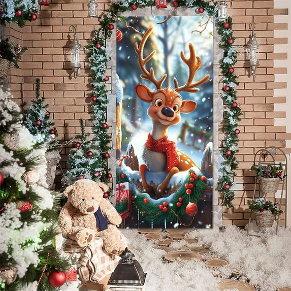 Tyidzon Christmas Door Cover - 35x71" Christmas Decorations Backdrop with Reindeer Xmas Door Banner Hanging Ornaments for Home Wall Party Holiday Front Door Decor