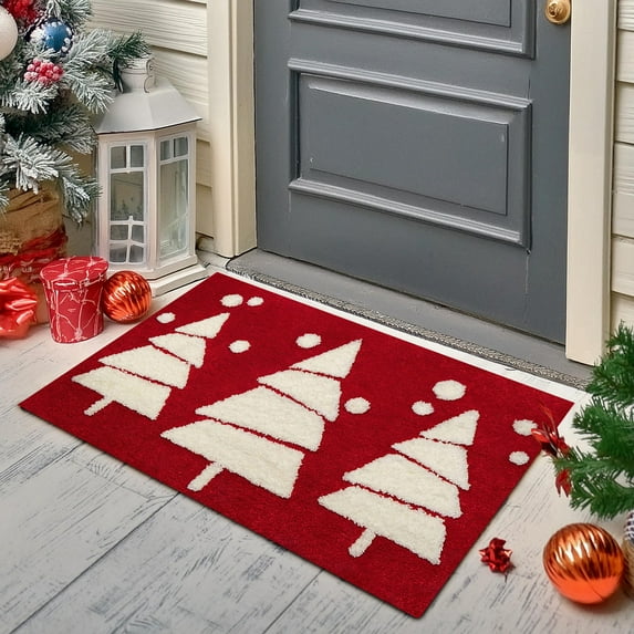 Tyidzon Christmas Doormat Holiday Door Mat Winter Christmas Tree Indoor/Outdoor Welcome Mat Floor Doormat for Home Decorations Christmas Rug Entryway Front Porch Decor, Red, 15.7X23.6 Inch