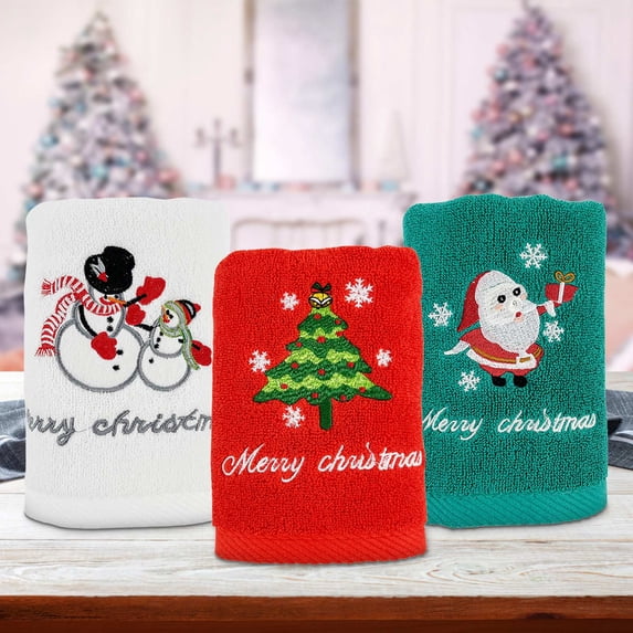 Tyidzon Christmas Hand Towels 29 x 13in Santa Embroidered Cotton Towels for Bathroom Kitchen Decor & Winter Gifts