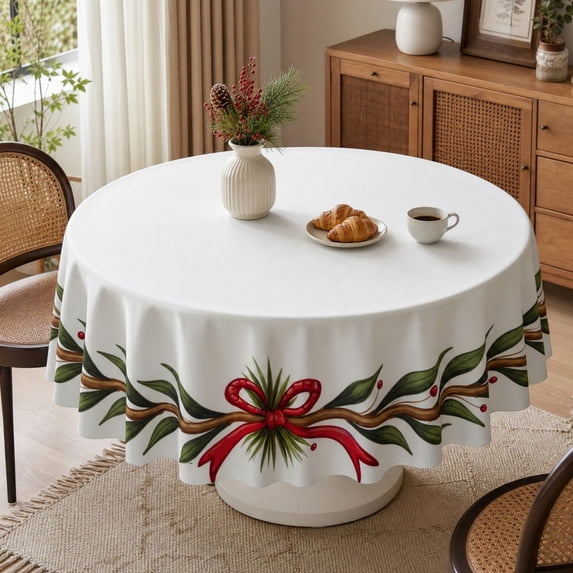 Tyidzon Christmas Round Tablecloth 60 inch Garland Bow Print Tablecloth, Waterproof Holiday Cover for Dinner Party, Xmas Home Kitchen Table Decor
