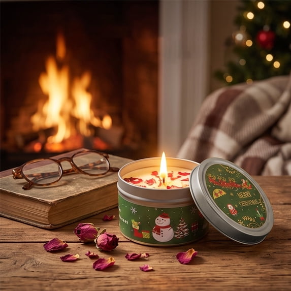 Tyidzon Christmas Scented Candle 2.4" Tin Scented with Dried Petals, Natural Soy Wax Aromatherapy Jar for Holiday Party Decor, Festive Home Gift