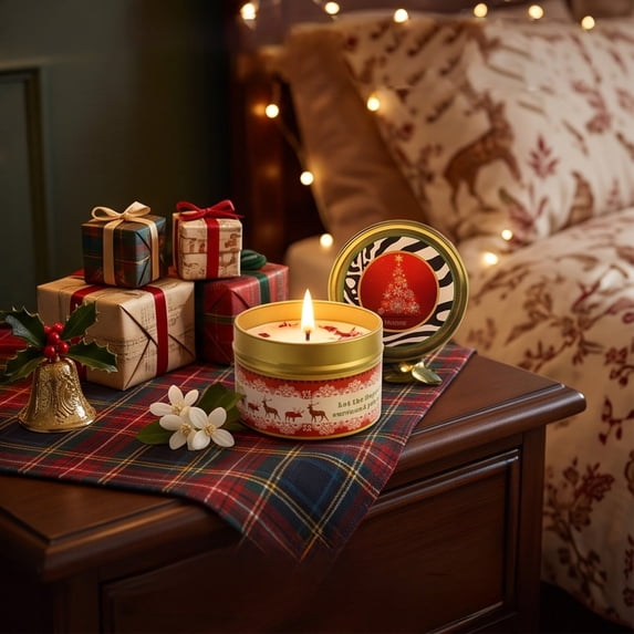 Tyidzon Christmas Scented Candle 2.4" Tin Scented with Dried Petals, Natural Soy Wax Aromatherapy Jar for Holiday Party Decor, Festive Home Gift