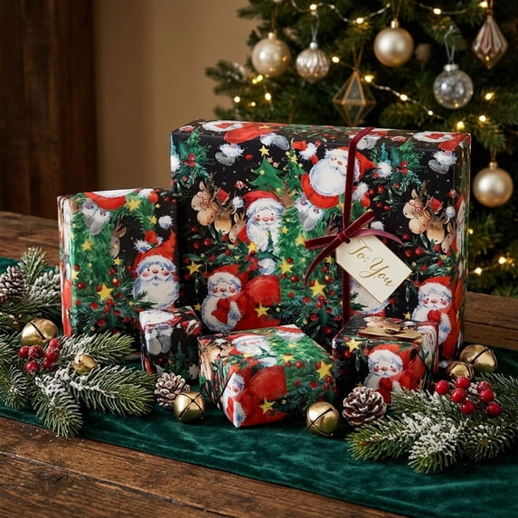 Tyidzon Christmas Wrapping Paper Roll, Santa and Reindeer Design Wrap Paper, 17 in x 9.8 ft Large Thick Roll for Party Gifts