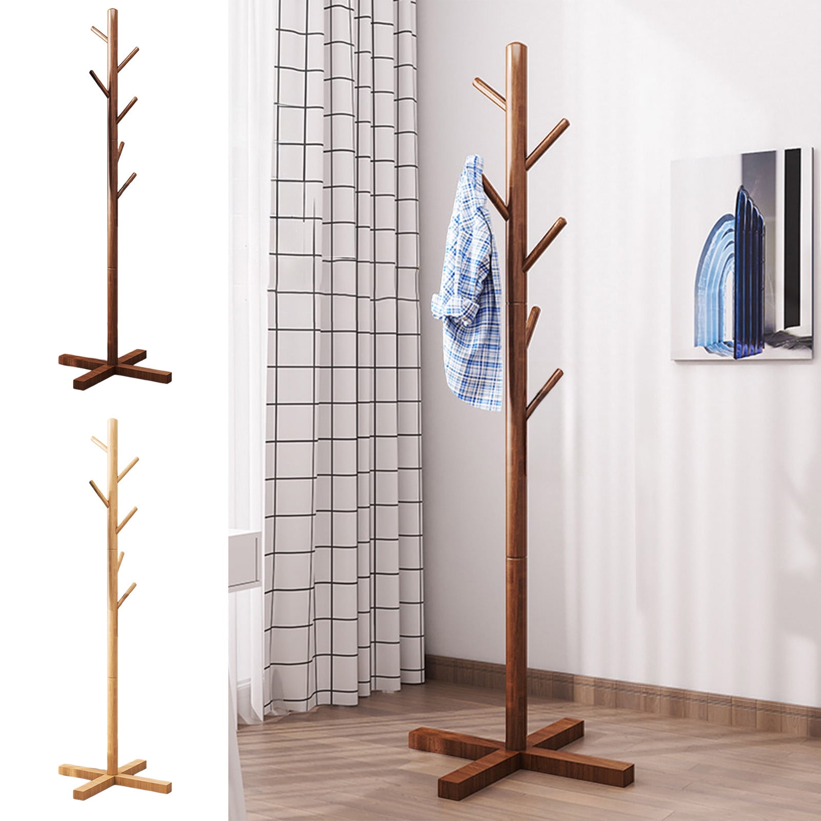 Tyidzon Coat Rack Freestanding 53 Inch Tall Coat Rack Stand with 6 Hooks for Hats, Bags, Purses, for Entryway, Hallway, Rubberwood, Beige