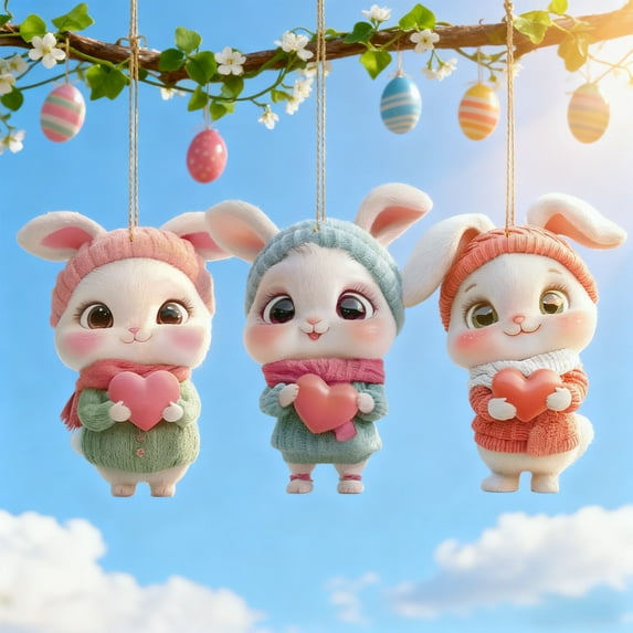 Tyidzon Easter Bunny Acrylic Pendant, 3.15 Inch Heart Rabbit Keychain for Rearview Mirror Backpack, Valentine's Day Easter Car Charm Ornament Spring Decor