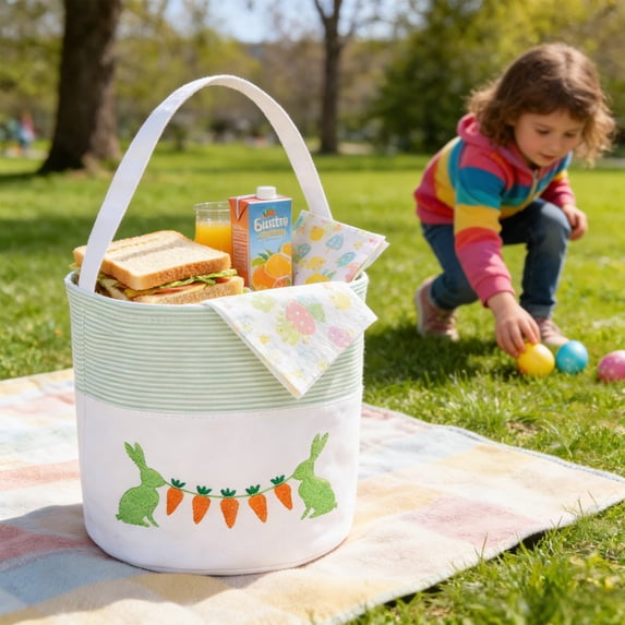 Tyidzon Easter Bunny Basket, 5.3 Inch Embroidered Rabbits Storage Basket with Handle, Small Children Eggs Hunt Basket for Desktop Spring Home Decor