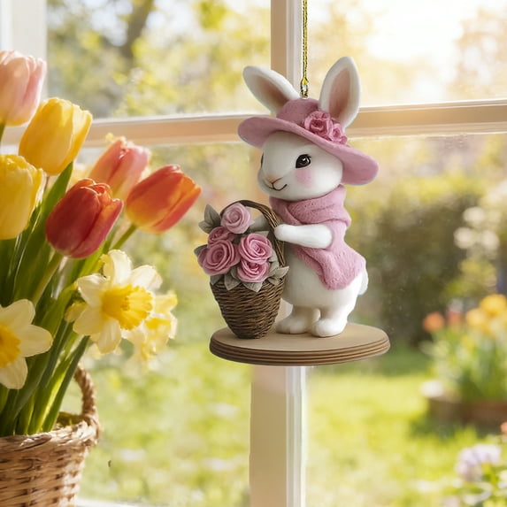 Tyidzon Easter Bunny Decorations Hanging 2D Flat Acrylic Ornaments, Happy Easter Ornaments for Home Holiday Indoor Party Decor