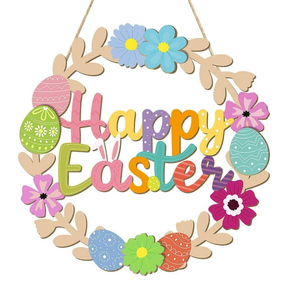 Tyidzon Easter Bunny & Eggs Door Sign - 11" Farmhouse Wooden Wreath Spring Front Porch Hanging Ornaments for Wall Patio Yard Holiday Home Decor