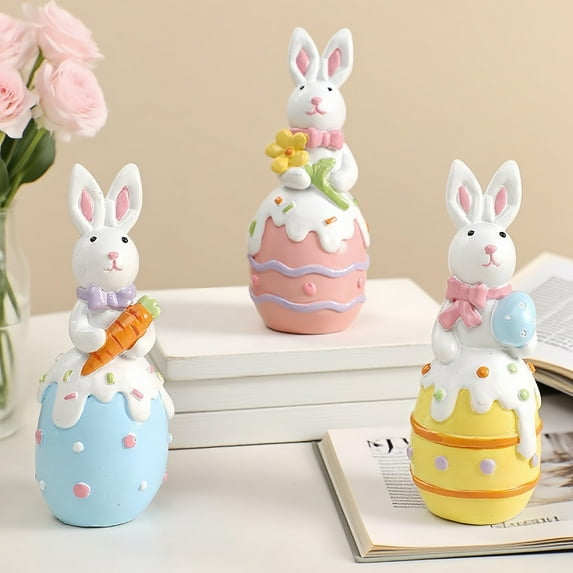 Tyidzon Easter Bunny Figurine, 4.72 Inch Resin Rabbit Statue Hand Painted in Blue Pink Yellow, Spring Tabletop Decor for Home Garden Shelf Gifts