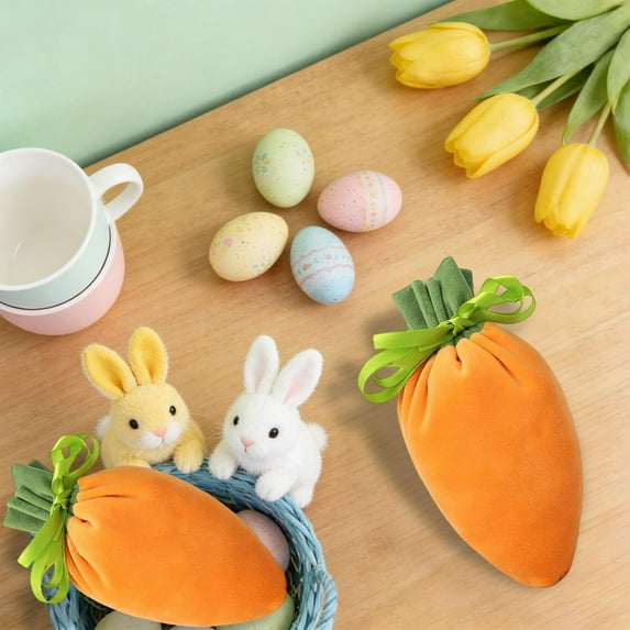Tyidzon Easter Carrot Drawstring Bag, 9.5 Inch Flocked Candy Pouch with Drawstring Cord, Spring Easter Basket Stuffer for Egg Hunt Party Favors