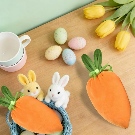 Tyidzon Easter Carrot Drawstring Bag, 9.5 Inch Flocked Candy Pouch with Drawstring Cord, Spring Easter Basket Stuffer for Egg Hunt Party Favors
