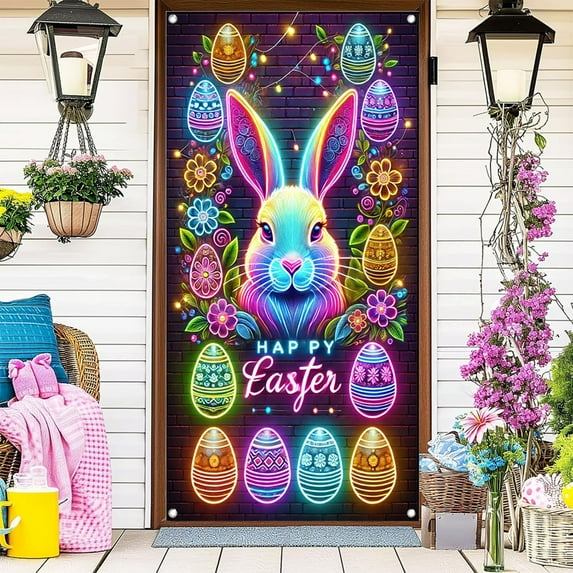 Tyidzon Easter Door Cover, Easter Bunny Door Cover Easter Party Supplies Easter Welcome Door Porch Sign Banner for Easter Bunny Party Supplies Door Cover Decorations