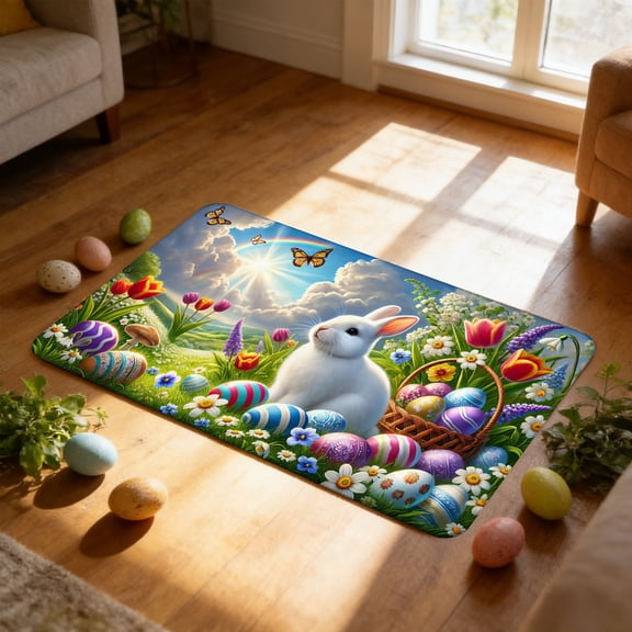 Tyidzon Easter Door Mat Bunny Print - 24x16 inch Polyester Entry Mat, Washable Easy to Clean, Indoor Outdoor Front Door Spring Decor Welcome Doormat