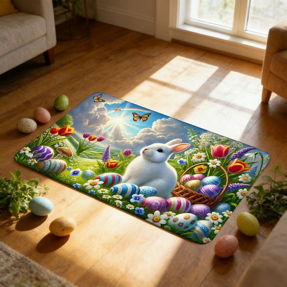 Tyidzon Easter Door Mat Bunny Print - 24x16 inch Polyester Entry Mat, Washable Easy to Clean, Indoor Outdoor Front Door Spring Decor Welcome Doormat