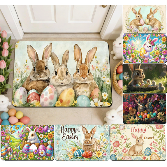 Tyidzon Easter Door Mat, Easter Buny Welcome Doormat, Happy Colorful Rabbit Front Door Mat Non-Slip Backing Spring Doormat for Indoor Outside Entrance Home Decor