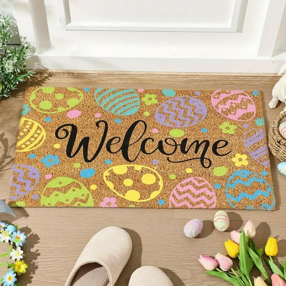 Tyidzon Easter Door mat, 24x16 Inch Indoor Outdoor Easter Mat with Bunny Eggs Carrots Pattern, Non-Slip Front Door Rug for Home Entrance Spring Decor